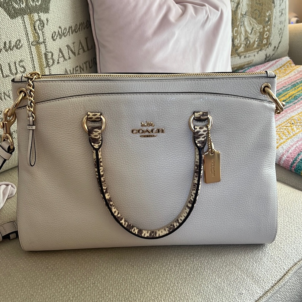 Coach Mia satchel, white with snake skin and signature print